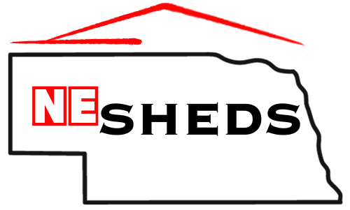 NE Sheds full logo; state of Nebraska outline with the words "NE Sheds" in the middle.