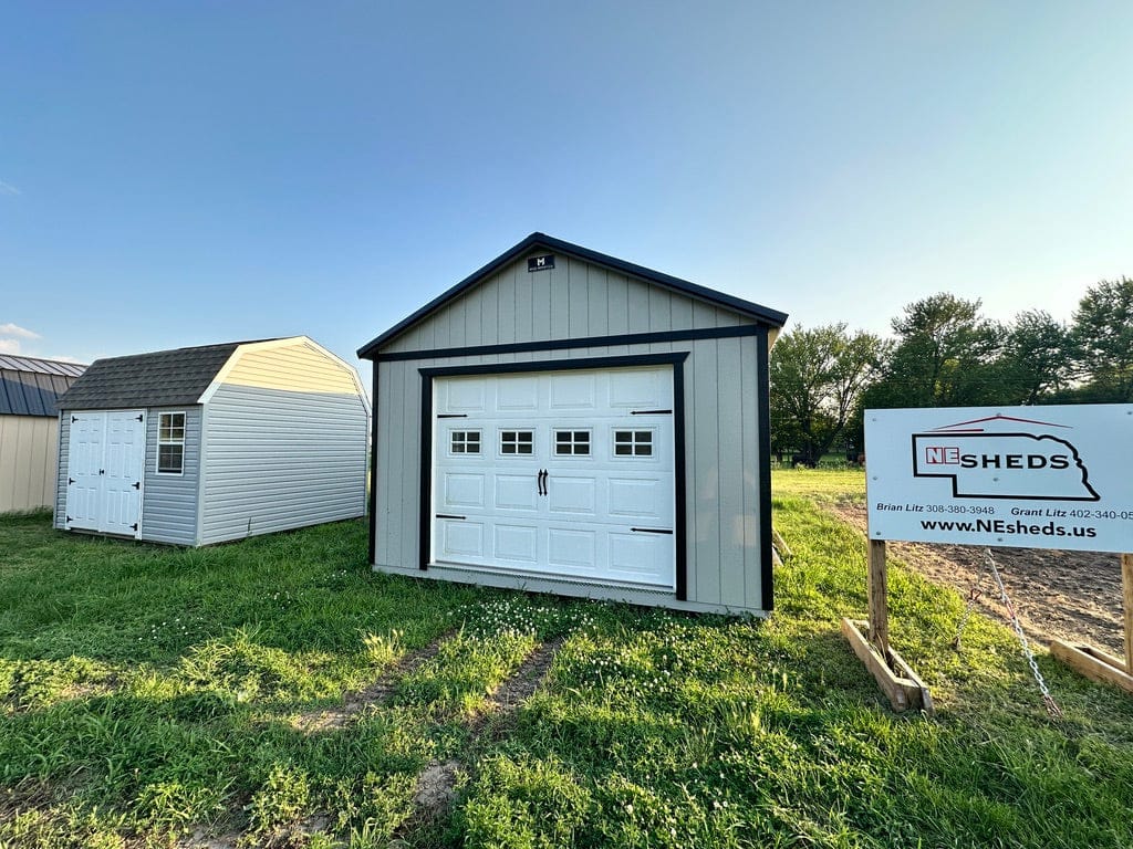 Exterior of garage building showcasing the large garage door.
