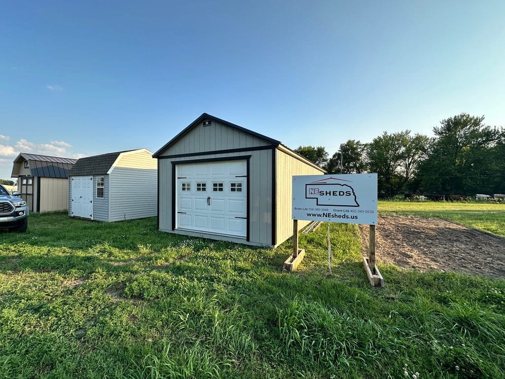 Exterior of garage building showcasing the large garage door.