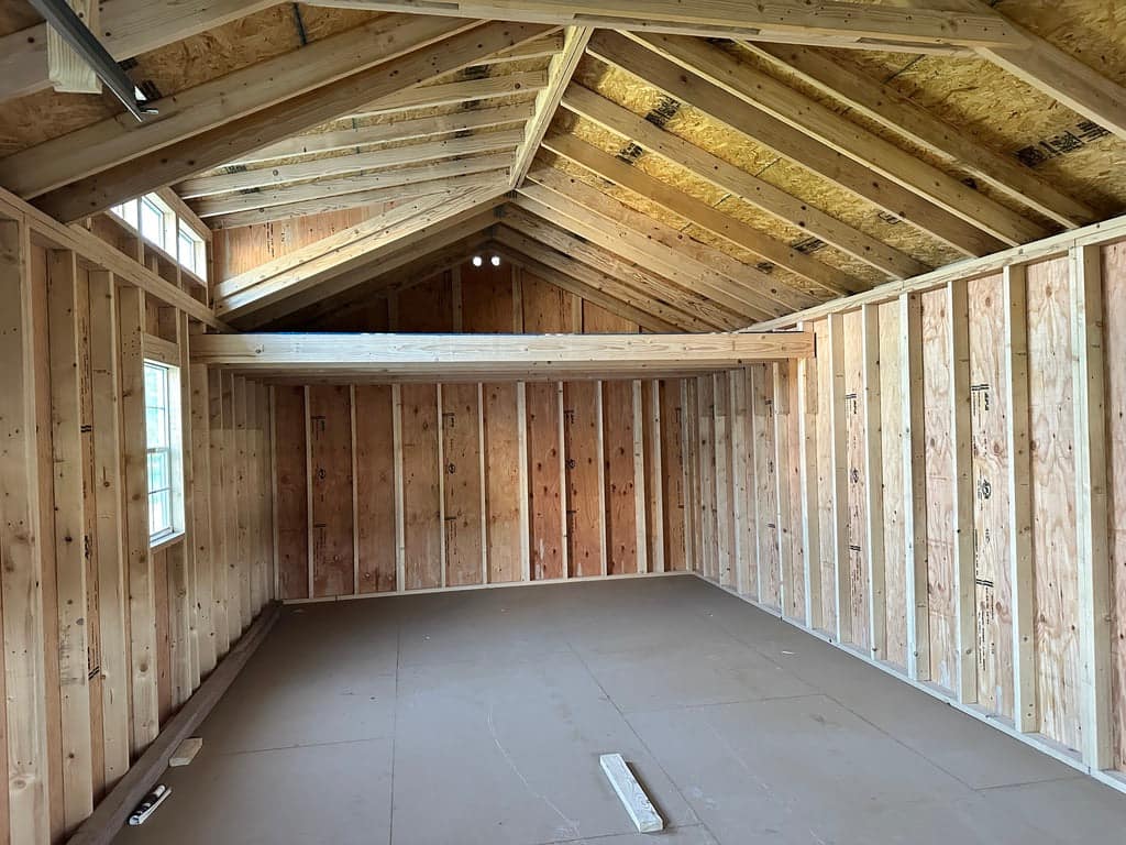 Interior of wood garage building.