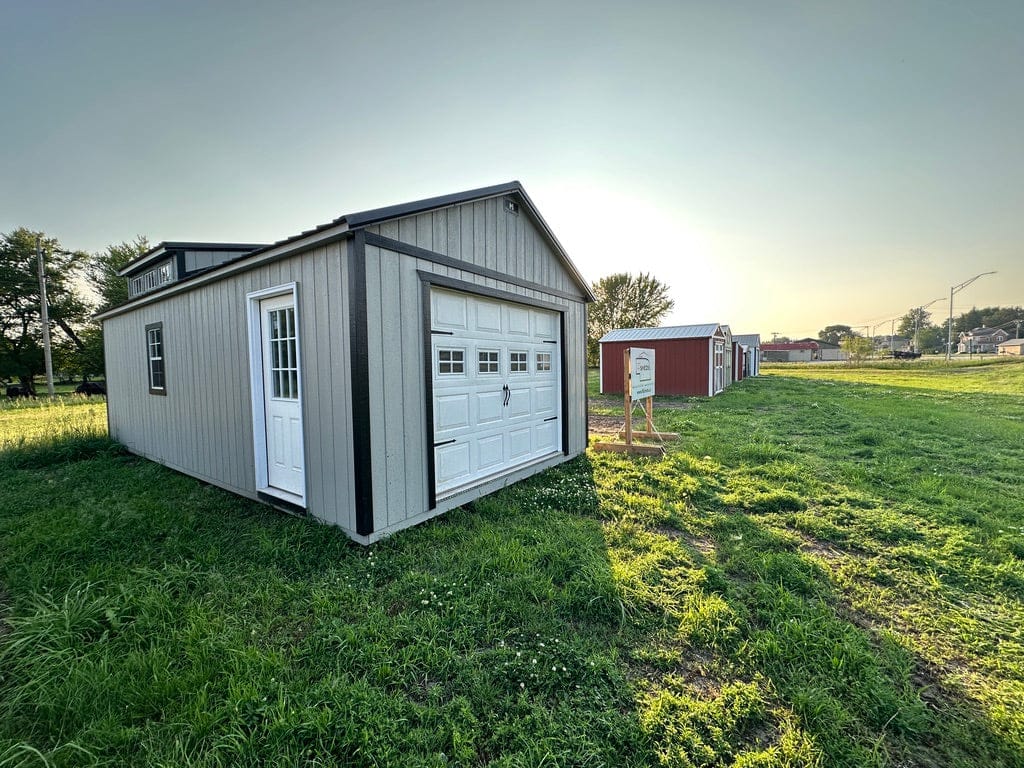 Exterior of garage building showcasing the large garage door.