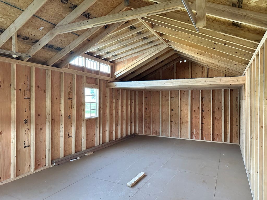 Interior of wood garage building.