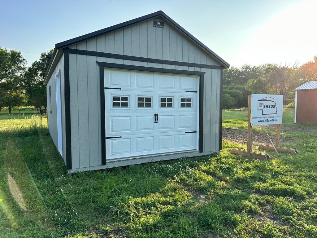 Exterior of garage building showcasing the large garage door.