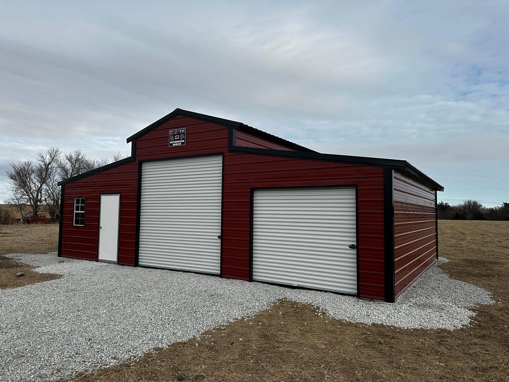 Exterior of large red barn.