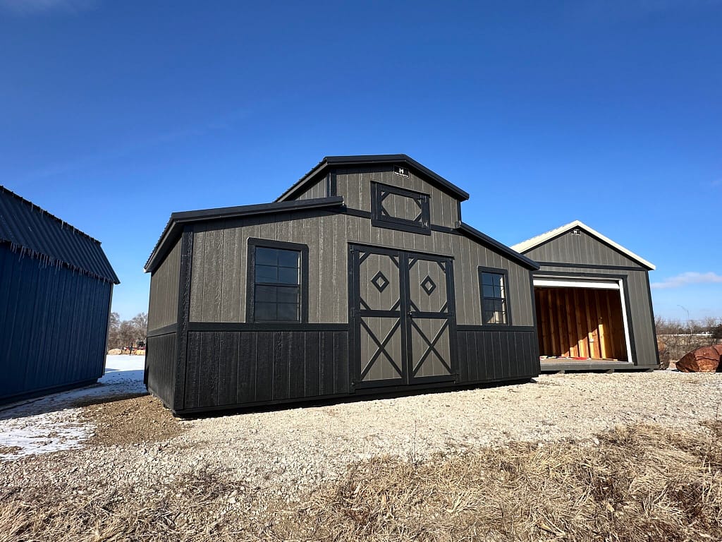 20x12 Country Barn – brown rustic style, black-framed windows, Yutan, NE