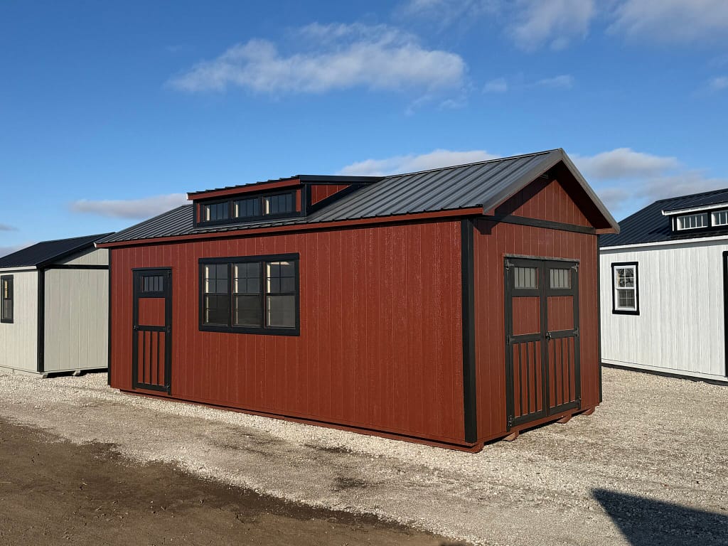 12x24 Villa – red and black shed; built-in workbench, extra-tall double doors, Hampton, NE