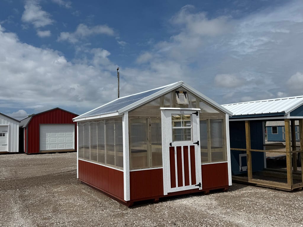 10x12 Greenhouse – red and white with double-wall polycarbonate panels, Hampton, NE