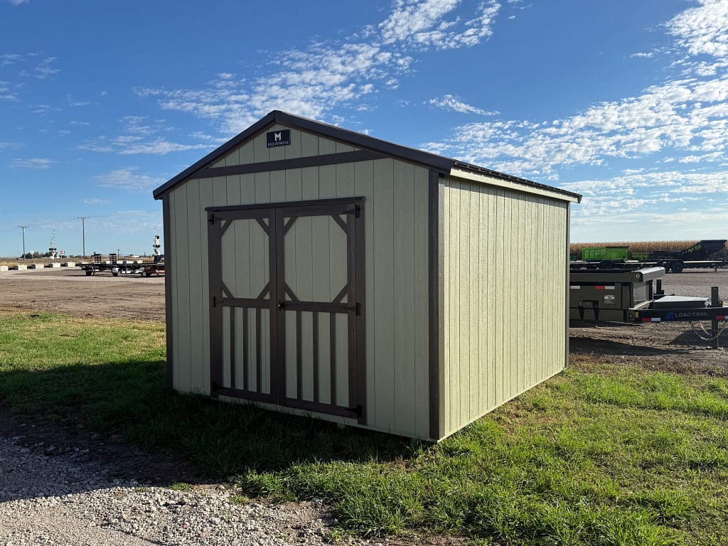 Exterior of shed showcasing large shed doors.