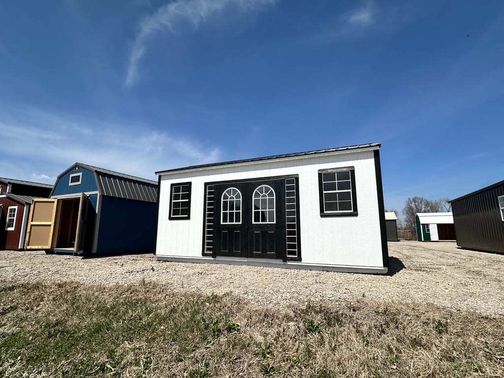 10x20 Lofted Utility Shed – black fiberglass doors with curved-top transoms, Yutan, NE