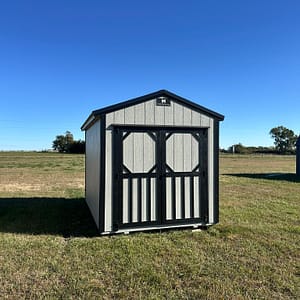 Exterior of small shed showcasing the main doors.